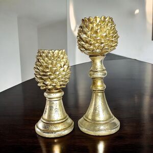 Gold Tone Pine Cone Tea Lite Holders Heavy Resin Set Of 2 Votives